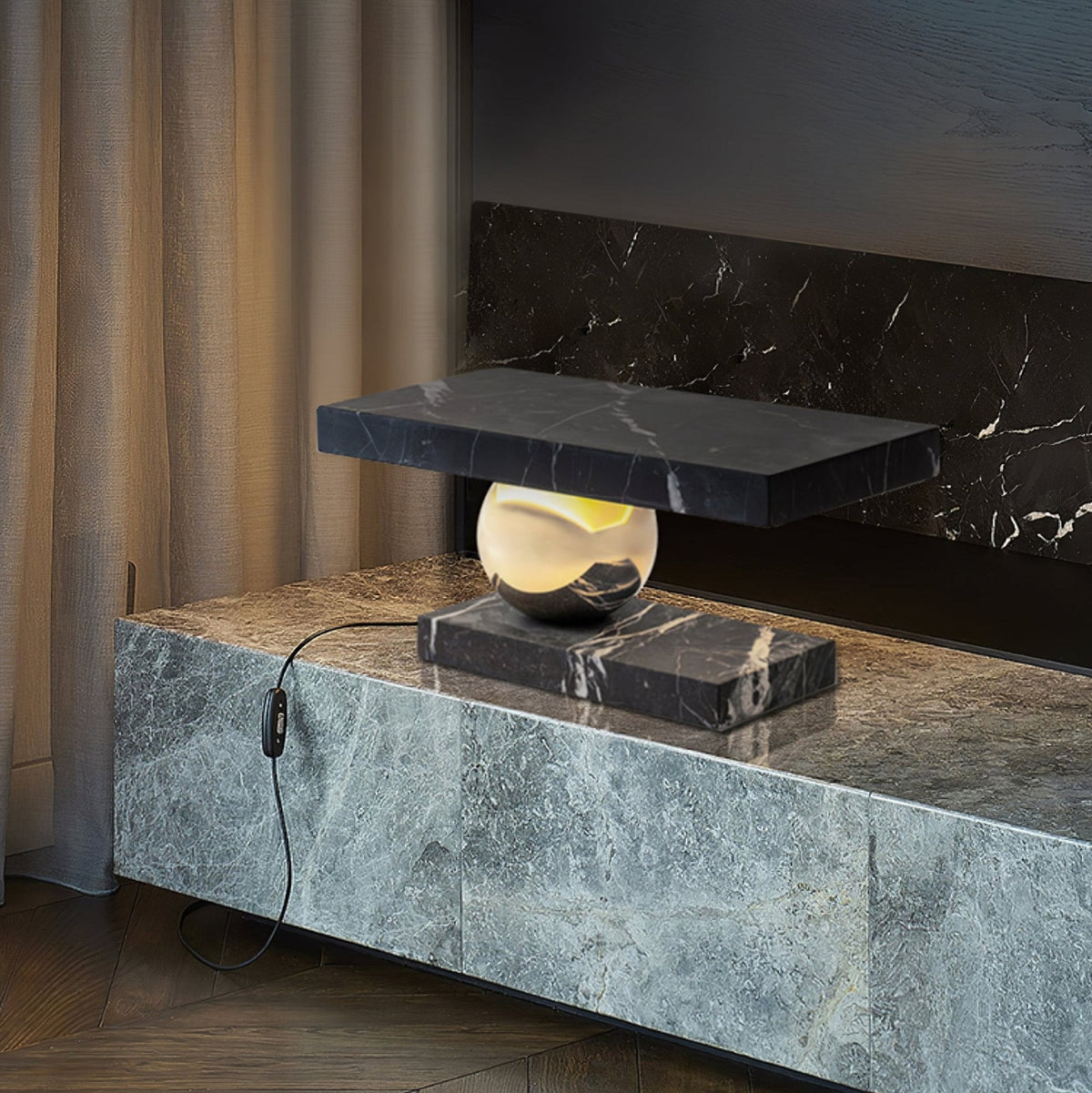Levoro Stone Table Lamp with Green Marble and Gold Sphere