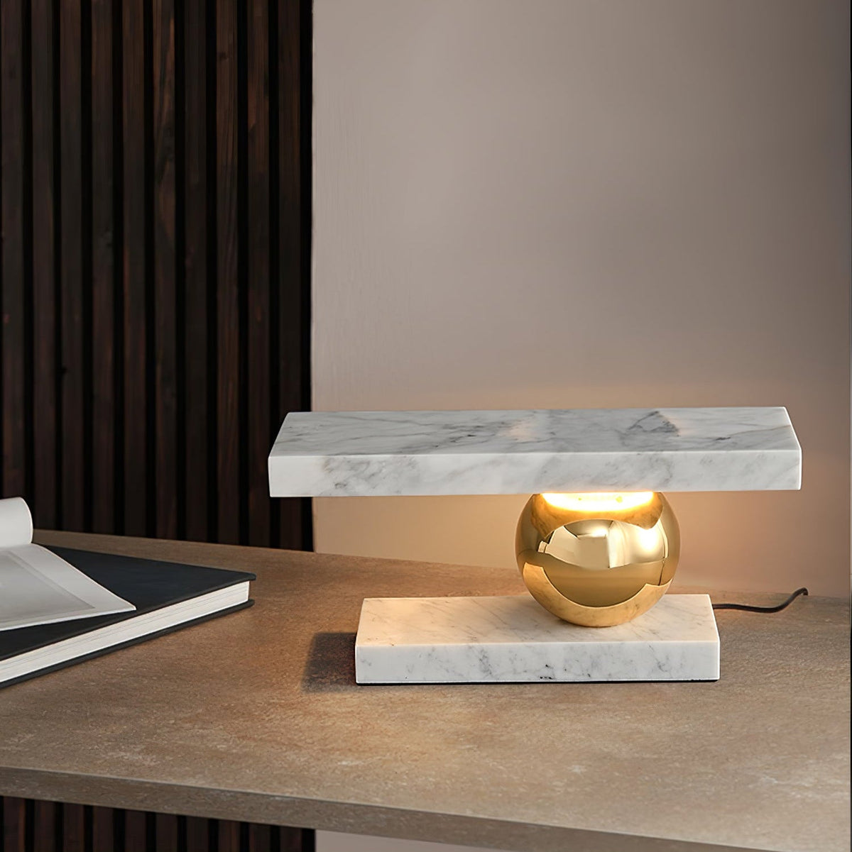 Levoro Stone Table Lamp with Green Marble and Gold Sphere