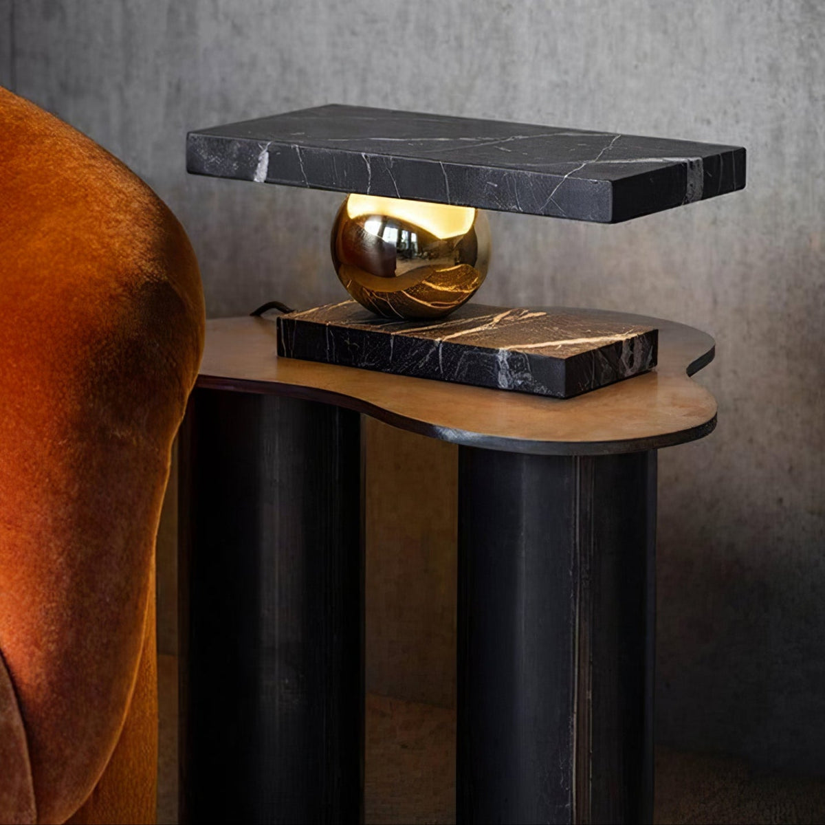 Levoro Stone Table Lamp with Green Marble and Gold Sphere
