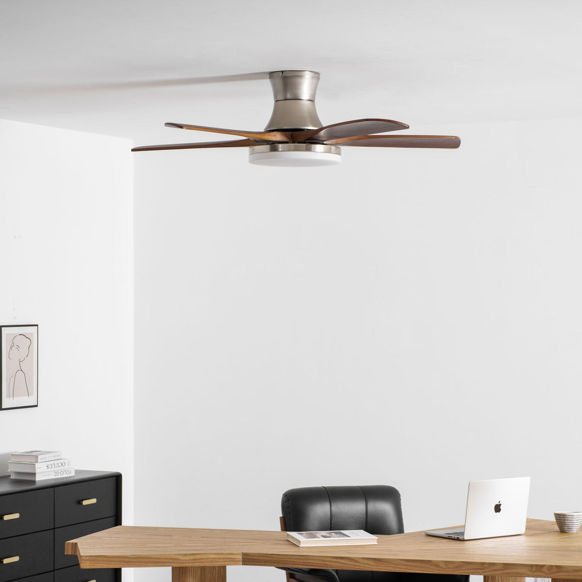Liam Ceiling Fan Light with LED – Modern Walnut & Brass Fan