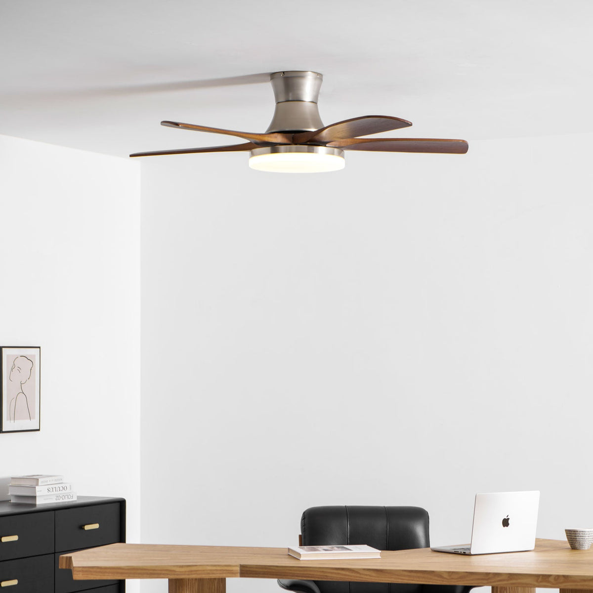 Liam Ceiling Fan Light with LED – Modern Walnut & Brass Fan