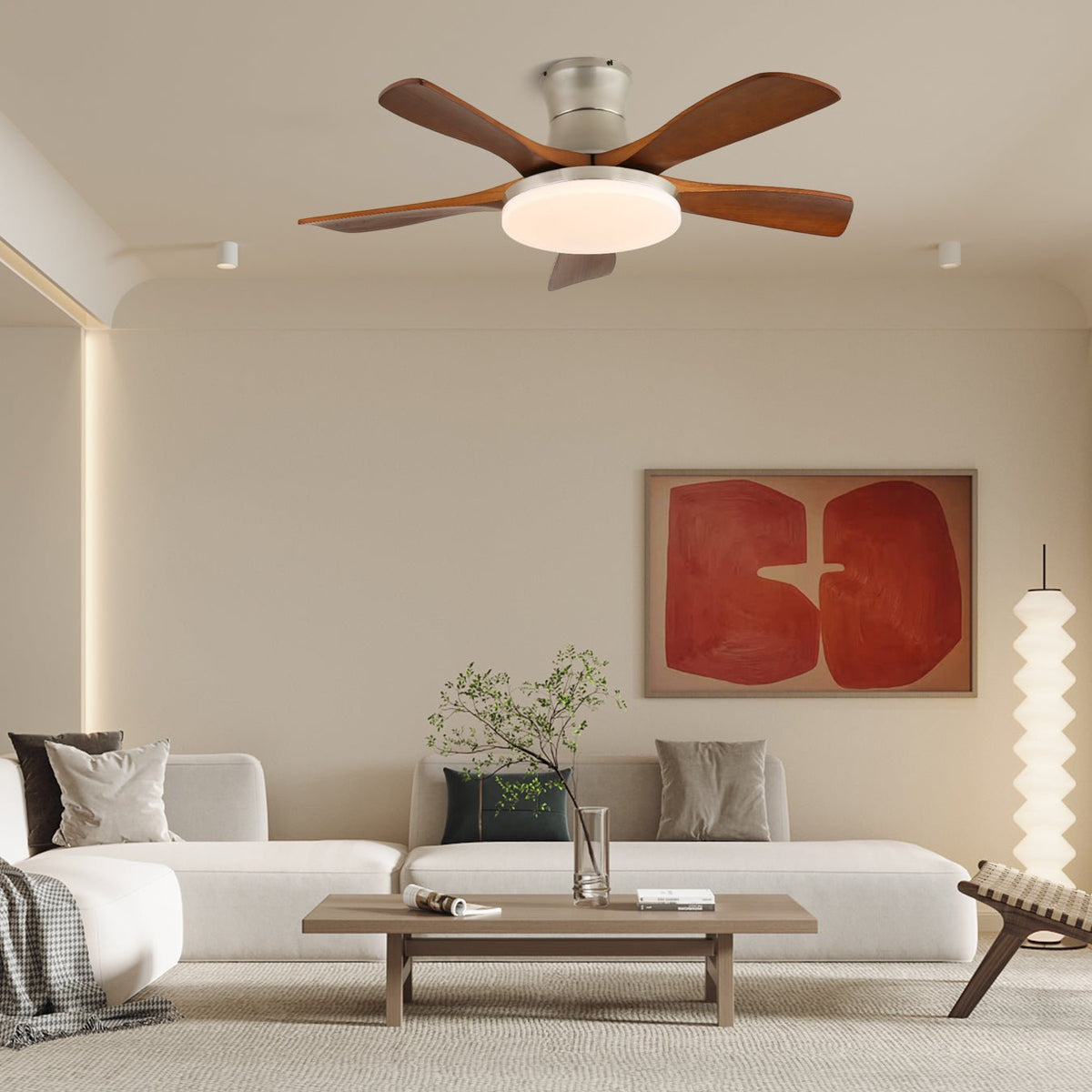 Liam Ceiling Fan Light with LED – Modern Walnut & Brass Fan