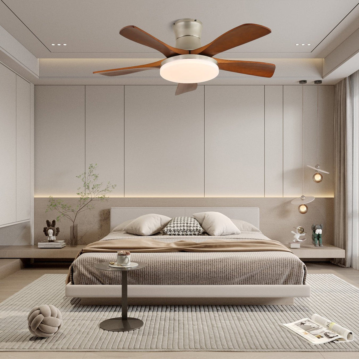 Liam Ceiling Fan Light with LED – Modern Walnut & Brass Fan