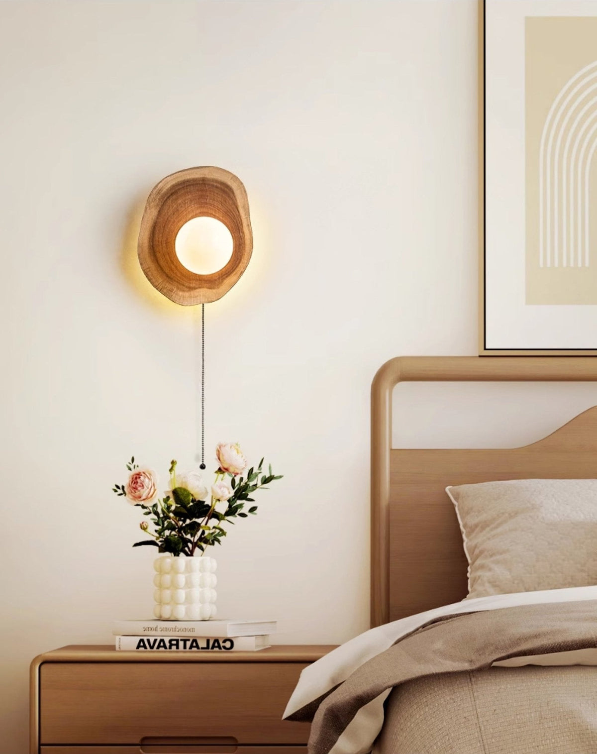 Ligna Wall Sconce in Natural Wood with White Glass Globe