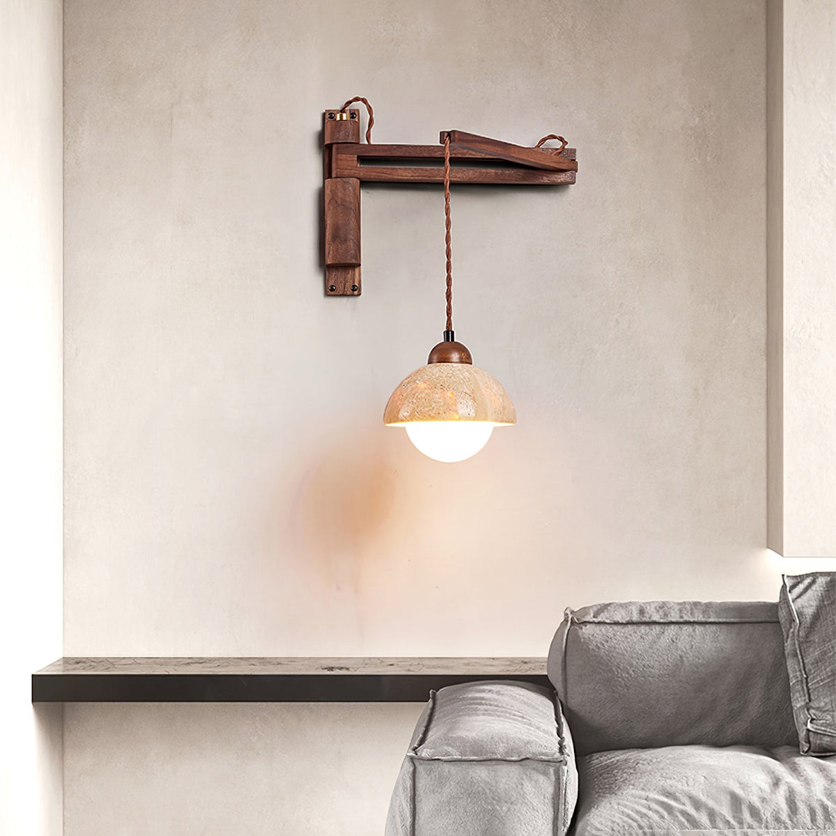 Travertine Dome Wall Sconce with Adjustable Walnut Arm