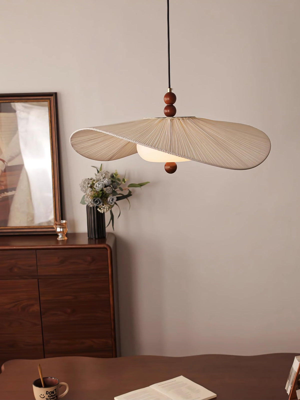 Lilium Drift Pendant Light – Sculptural Fabric Shade with Walnut Accents