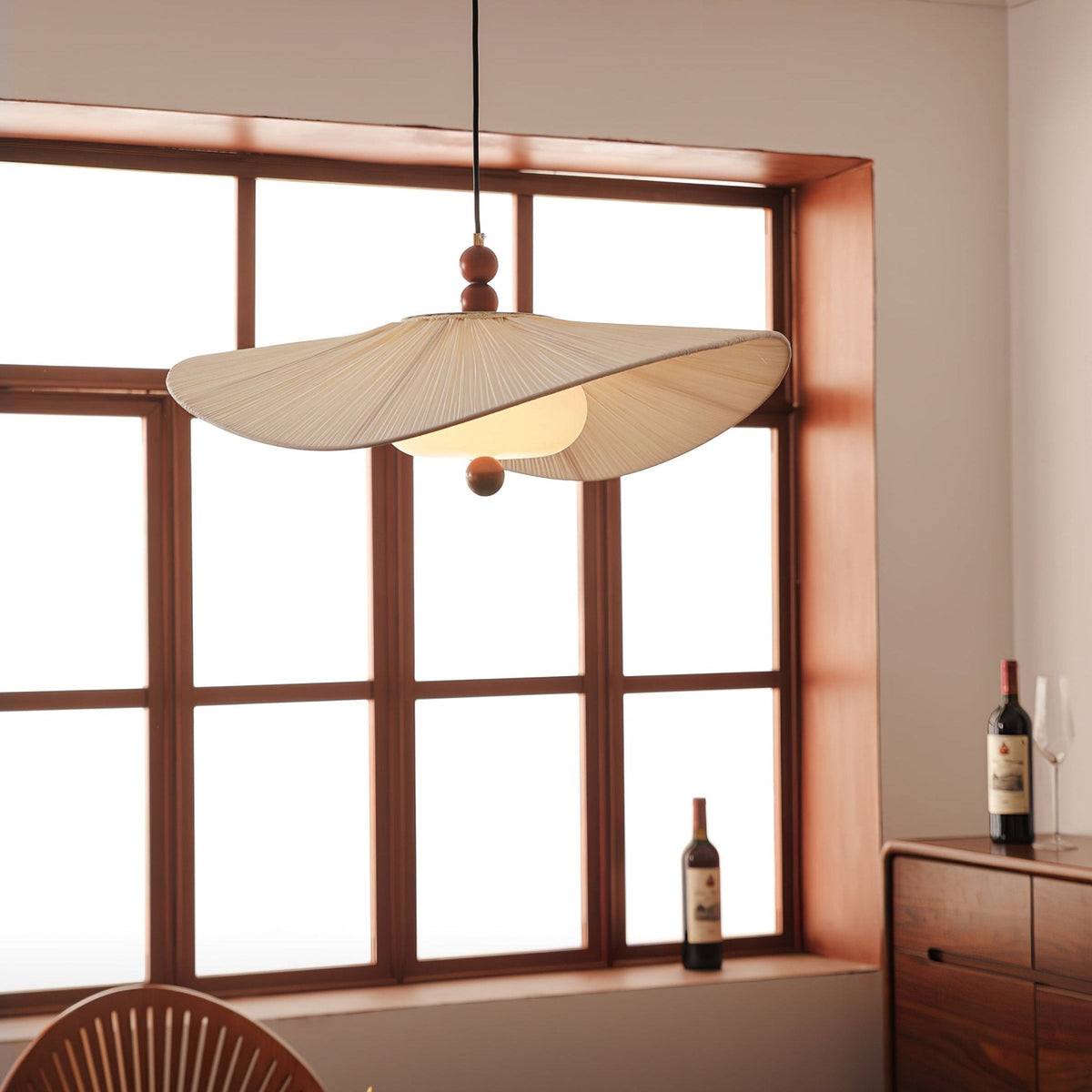 Lilium Drift Pendant Light – Sculptural Fabric Shade with Walnut Accents