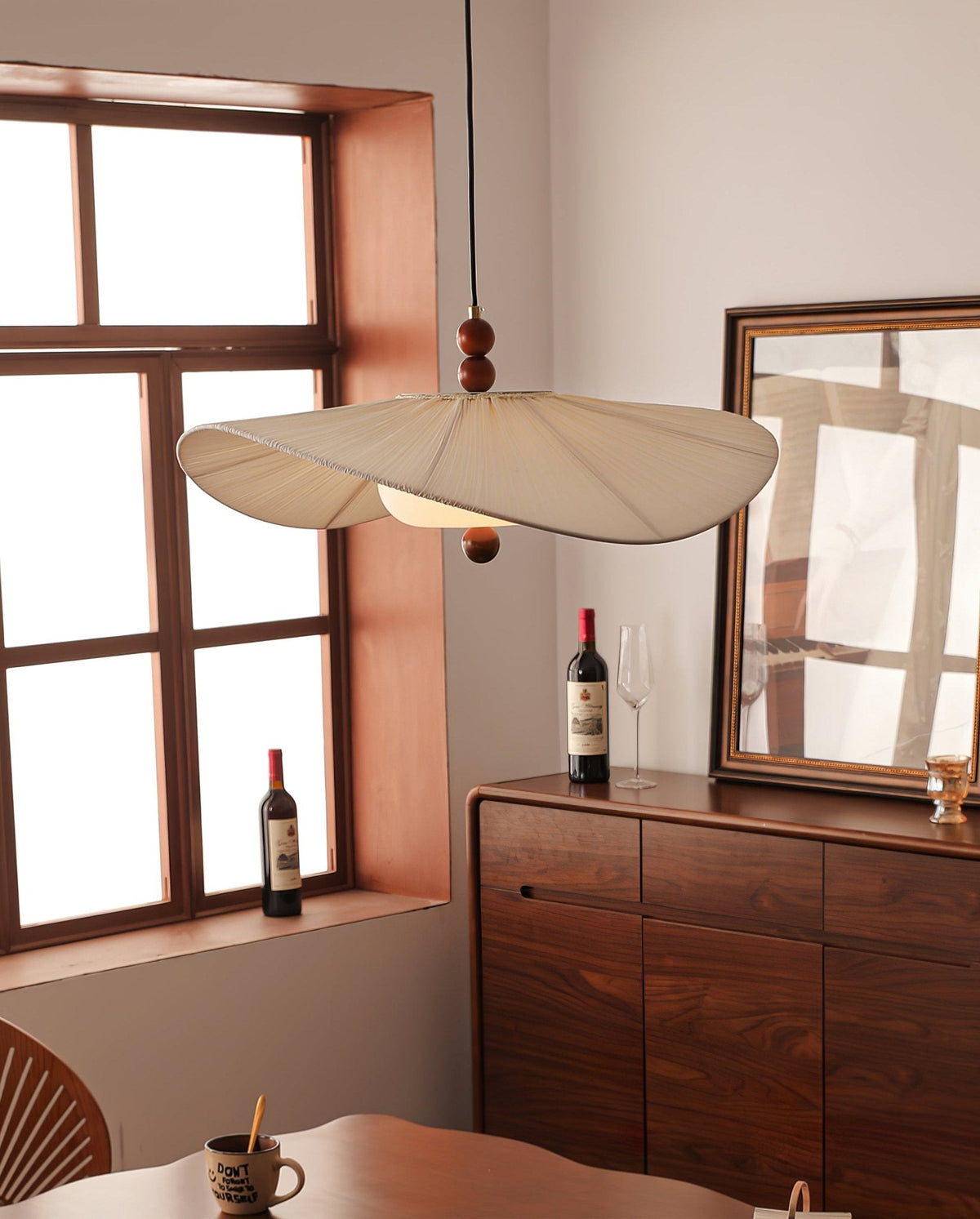 Lilium Drift Pendant Light – Sculptural Fabric Shade with Walnut Accents