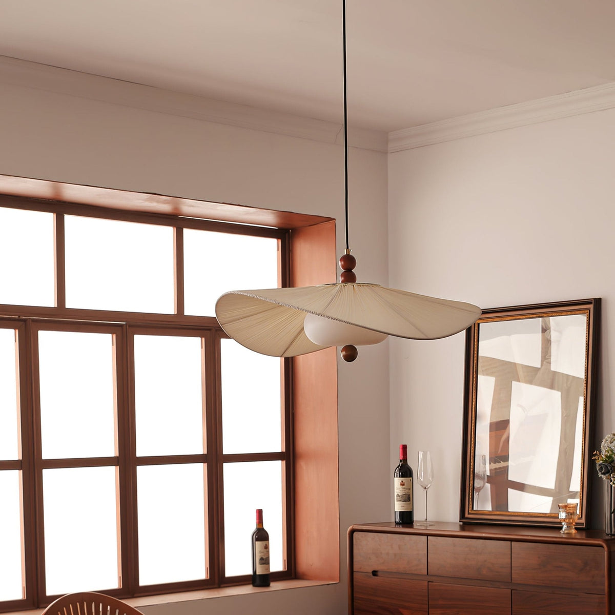 Lilium Drift Pendant Light – Sculptural Fabric Shade with Walnut Accents