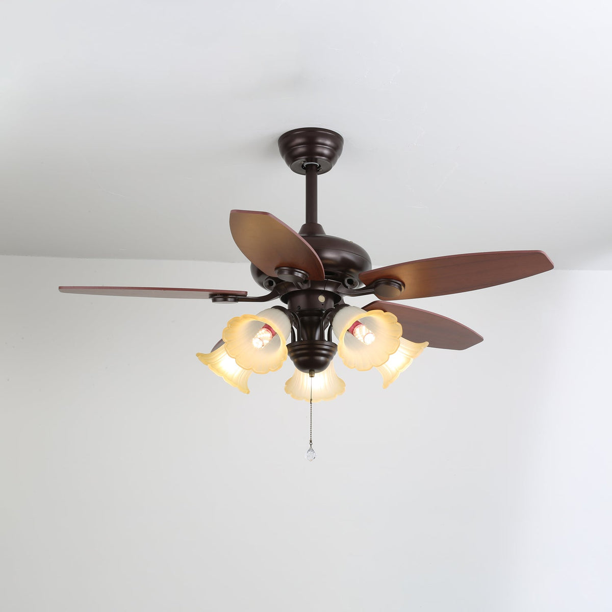 Lily Bloom Ceiling Fan Light with Wood Blades and Amber Glass