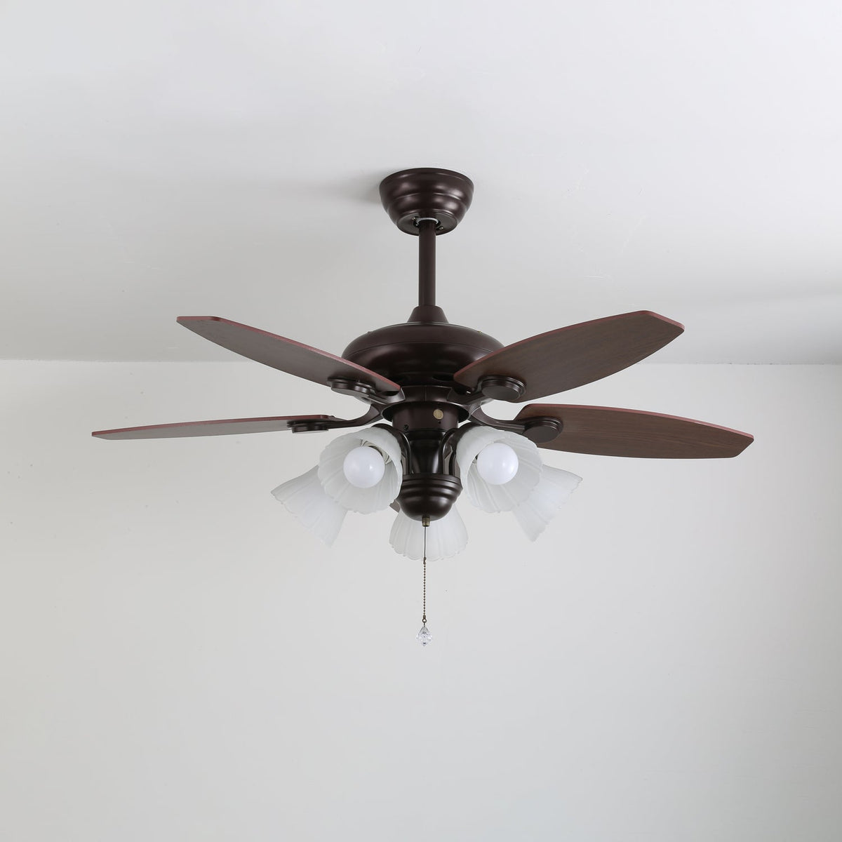 Lily Bloom Ceiling Fan Light with Wood Blades and Amber Glass