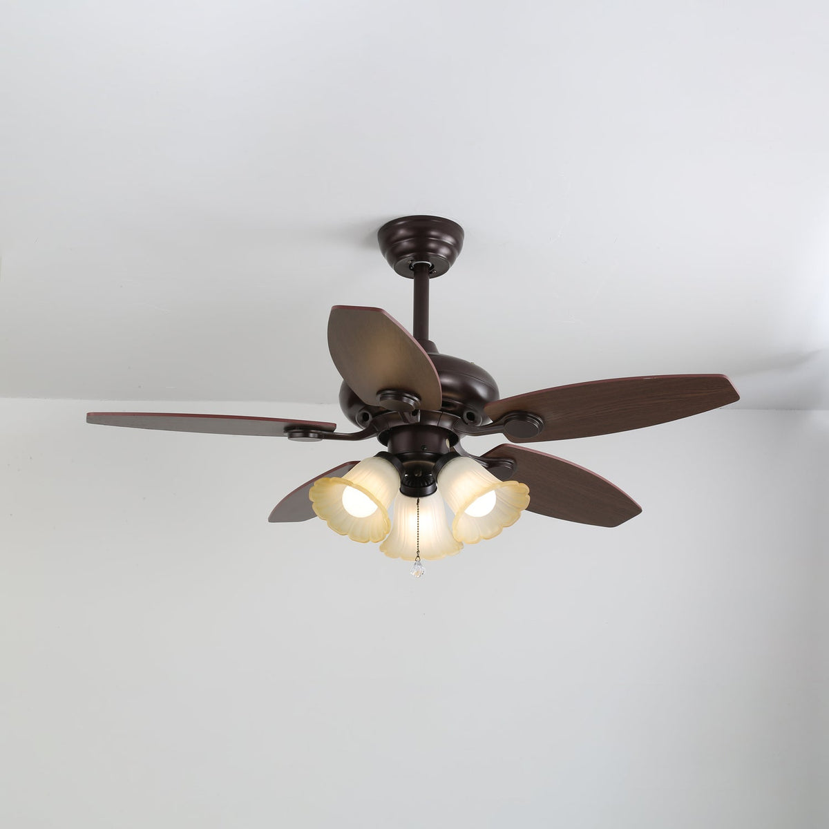 Lily Bloom Ceiling Fan Light with Wood Blades and Amber Glass