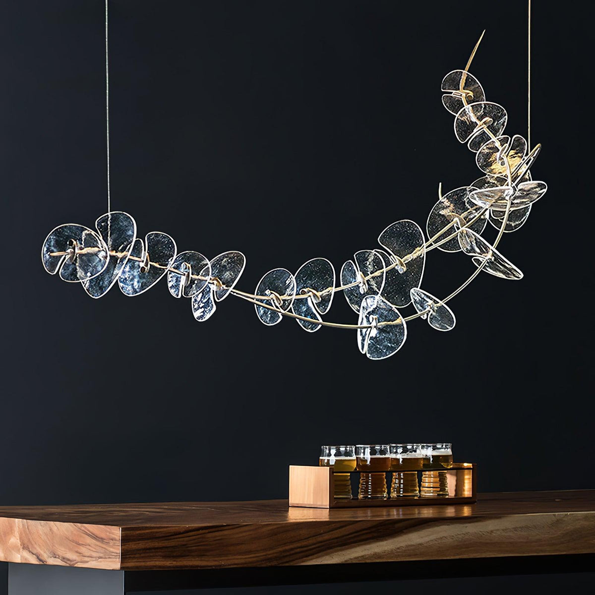 Lily LED Linear Pendant Light – Modern Botanical Glass & Steel Chandelier