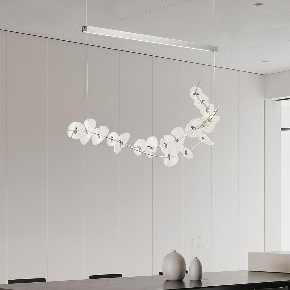 Lily LED Linear Pendant Light – Modern Botanical Glass & Steel Chandelier