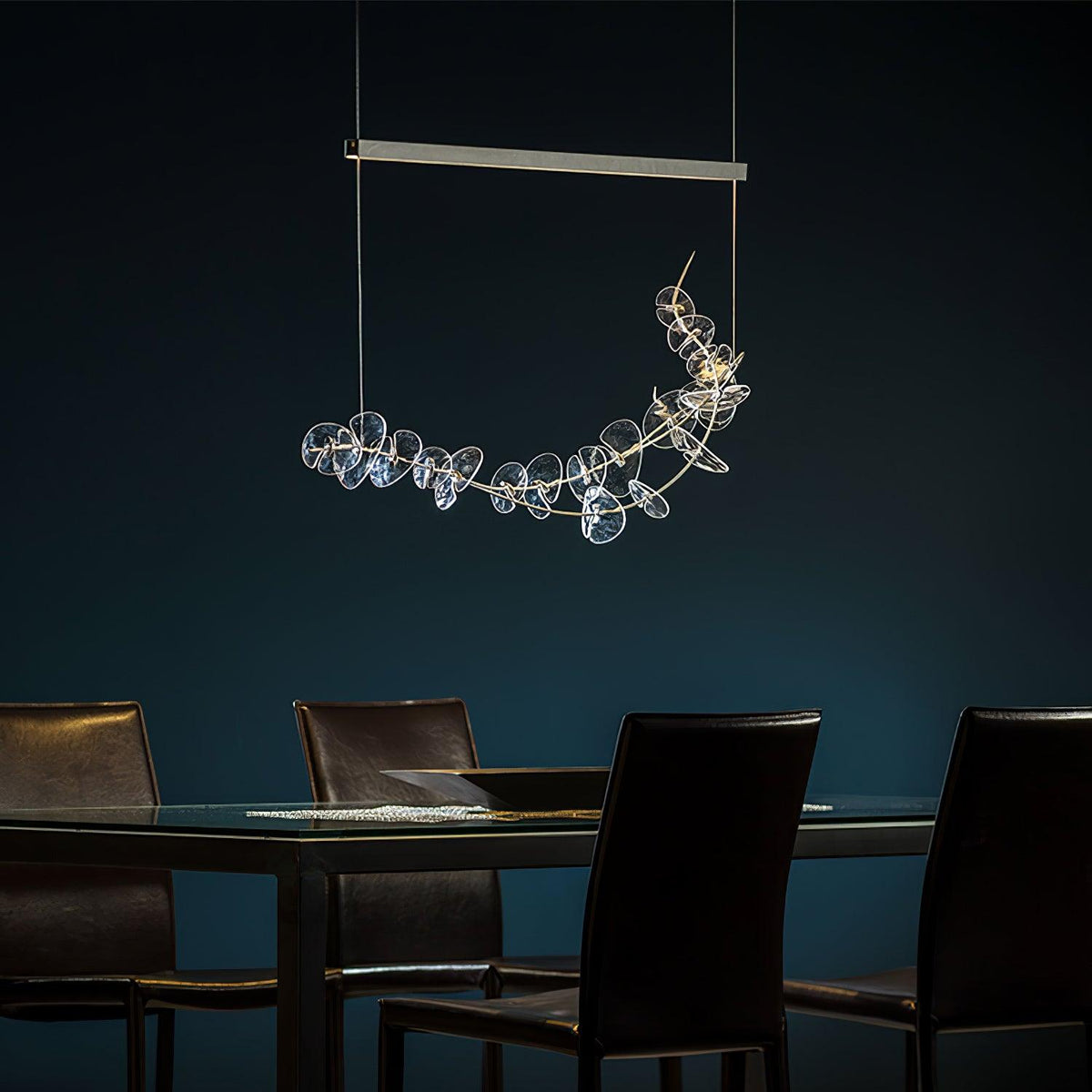 Lily LED Linear Pendant Light – Modern Botanical Glass & Steel Chandelier
