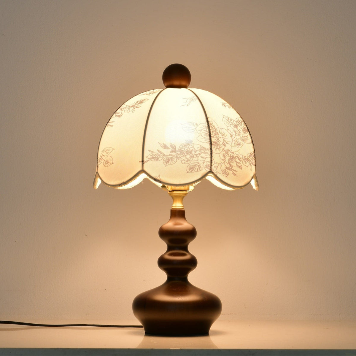 Lilybelle Blossom Table Lamp – Walnut Wood & Fabric Floral Shade