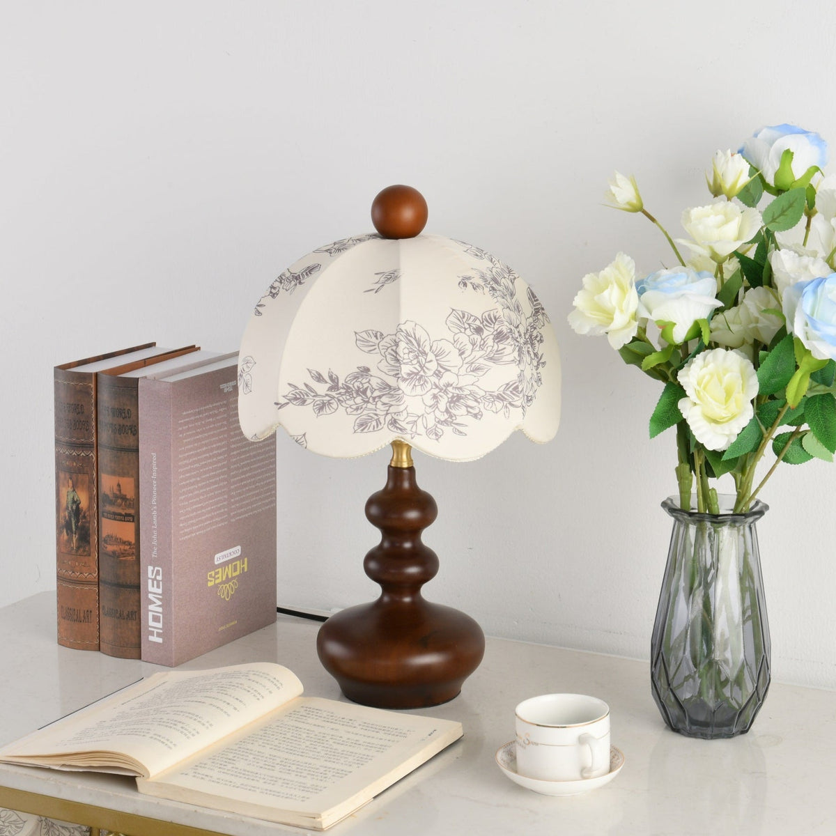 Lilybelle Blossom Table Lamp – Walnut Wood & Fabric Floral Shade