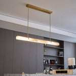Linear Alabaster Chandelier in Brass or Black, Modern LED Pendant Light for Dining Room and Living Room