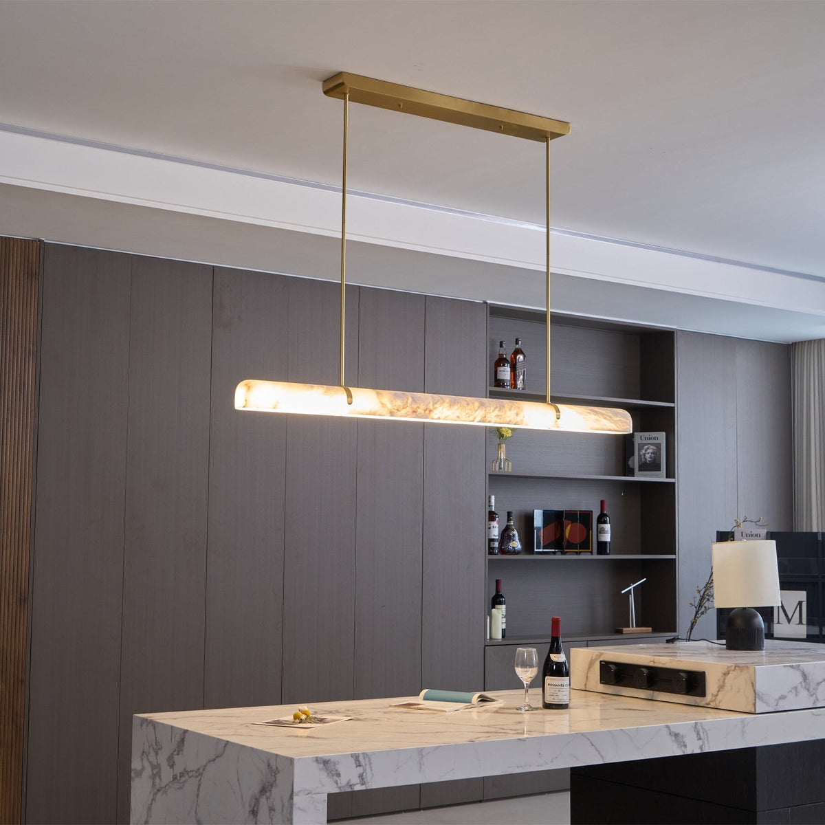 Linear Alabaster Chandelier in Brass or Black, Modern LED Pendant Light for Dining Room and Living Room