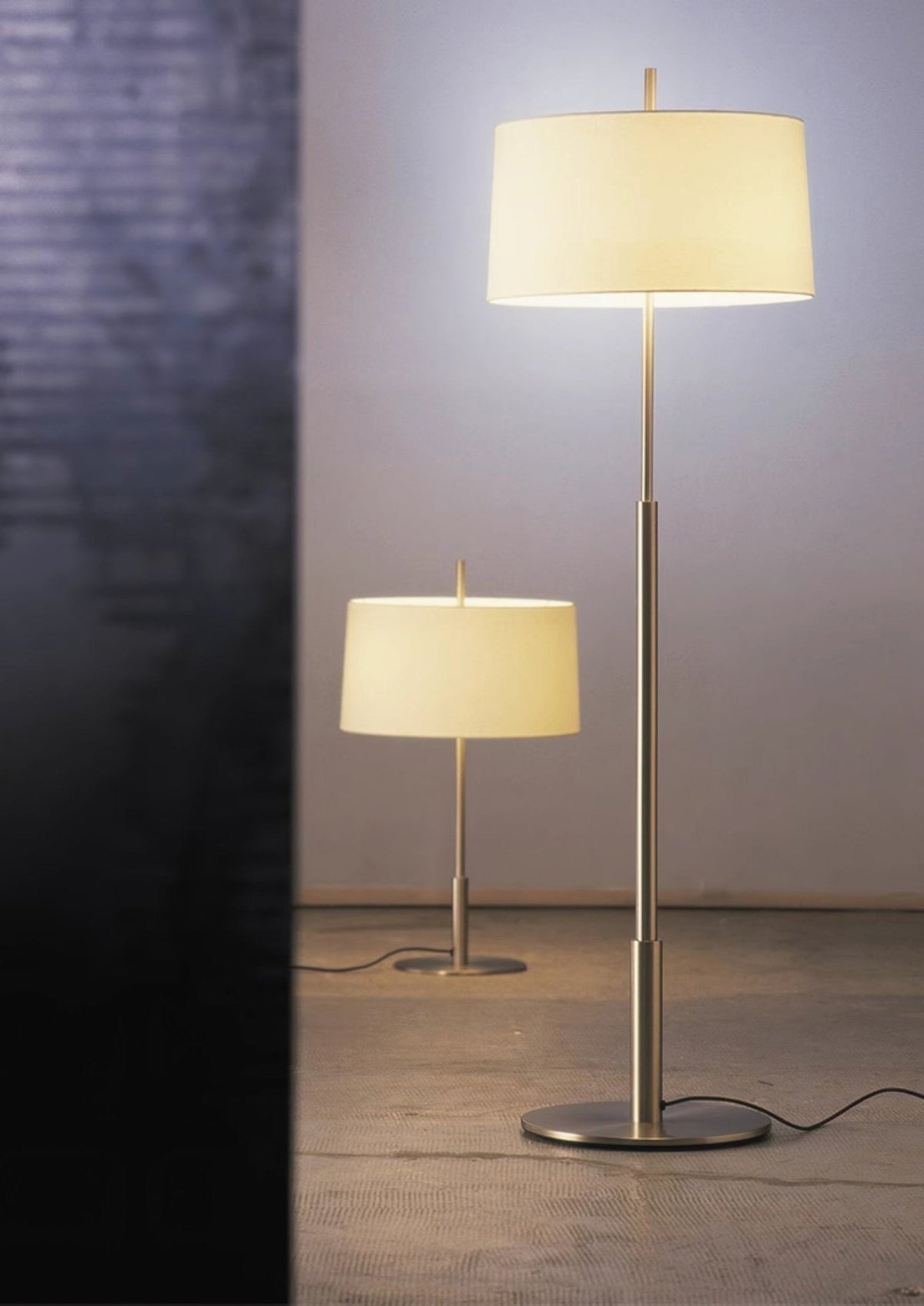 Rilume Modern Floor Lamp with Fabric Drum Shade in Nickel