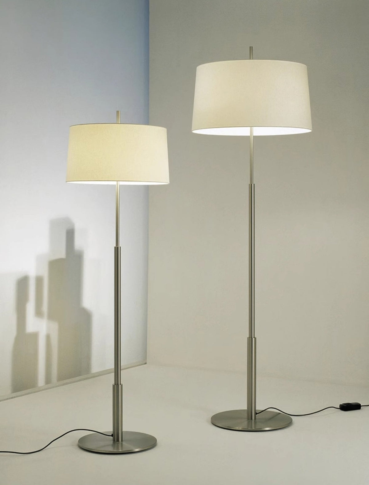 Rilume Modern Floor Lamp with Fabric Drum Shade in Nickel
