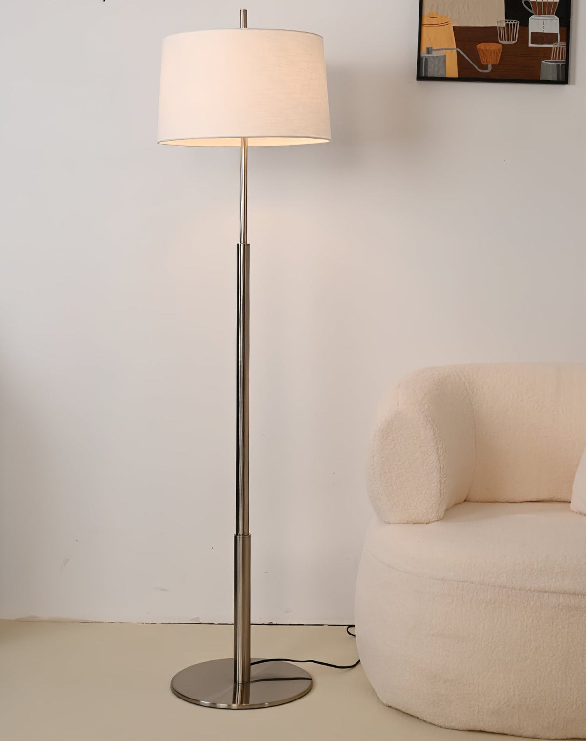 Rilume Modern Floor Lamp with Fabric Drum Shade in Nickel
