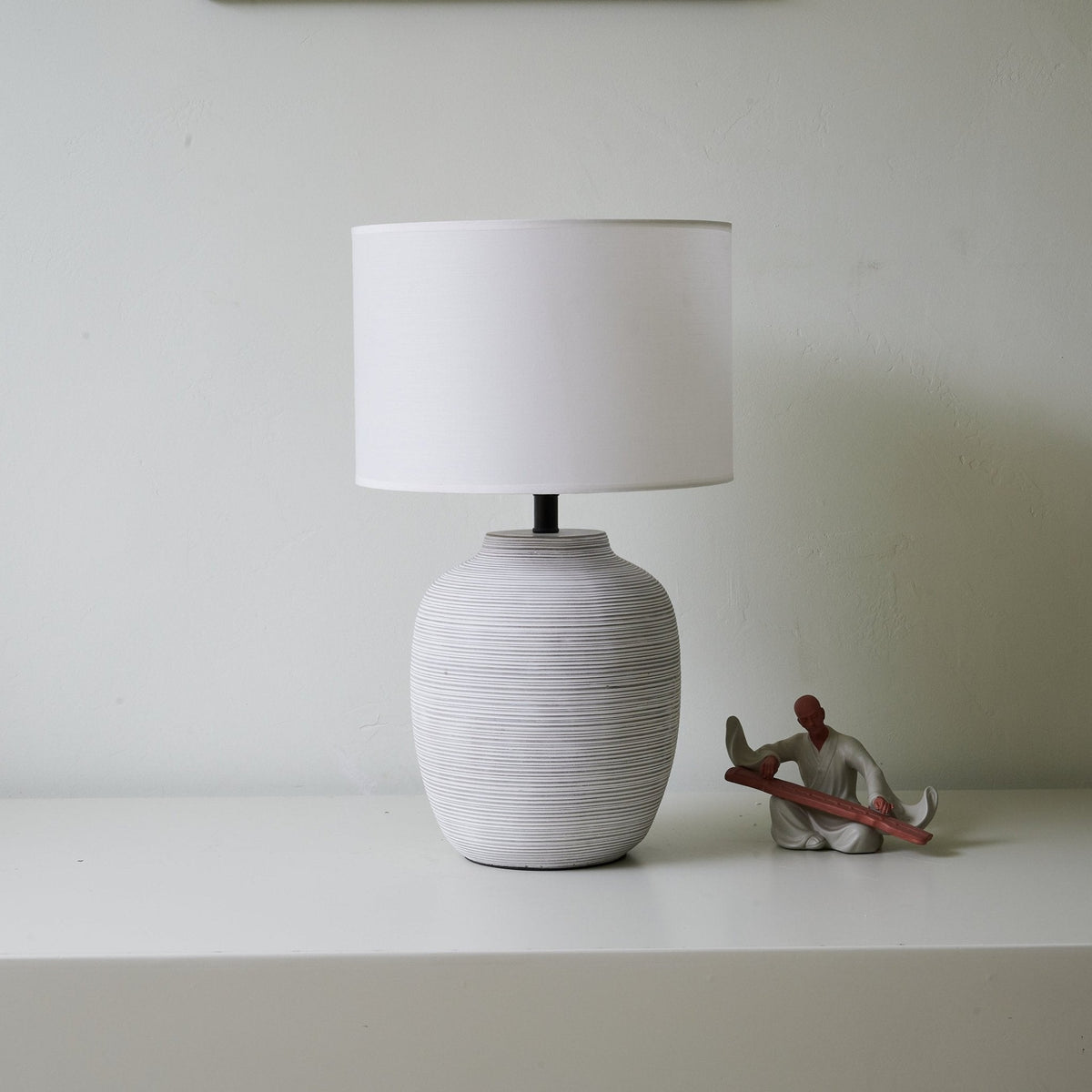 Lino Stripe Ceramic Table Lamp with Drum Shade for Bedroom & Living Room