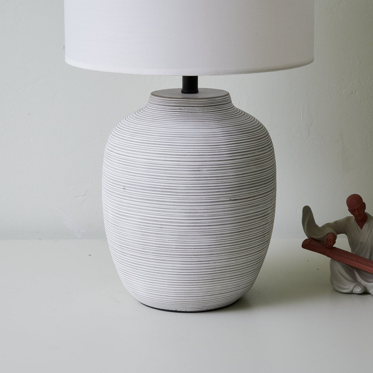Lino Stripe Ceramic Table Lamp with Drum Shade for Bedroom & Living Room