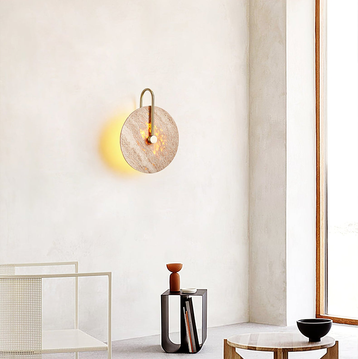 Lior Travertine Wall Sconce with Brass Hook – Modern LED Wall Lamp