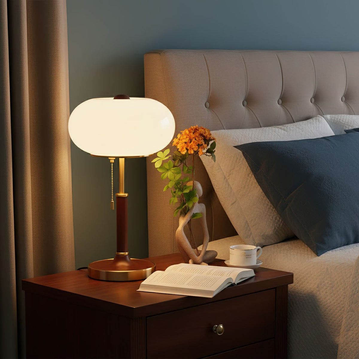 Liora Lantern Table Lamp – Walnut Wood & Amber Glass LED