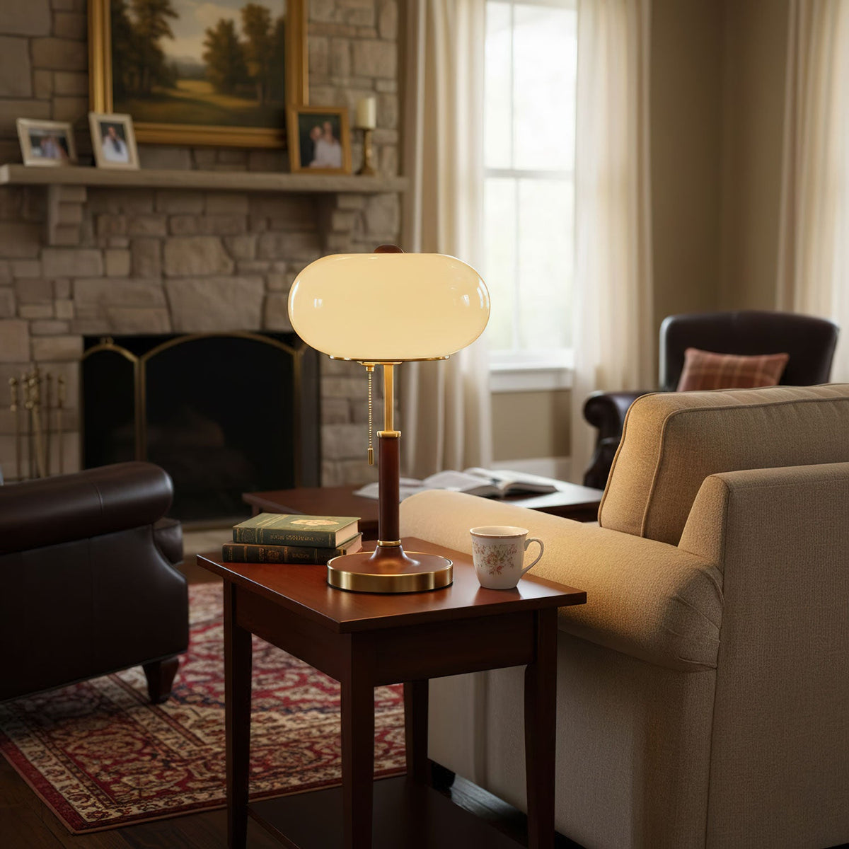 Liora Lantern Table Lamp – Walnut Wood & Amber Glass LED
