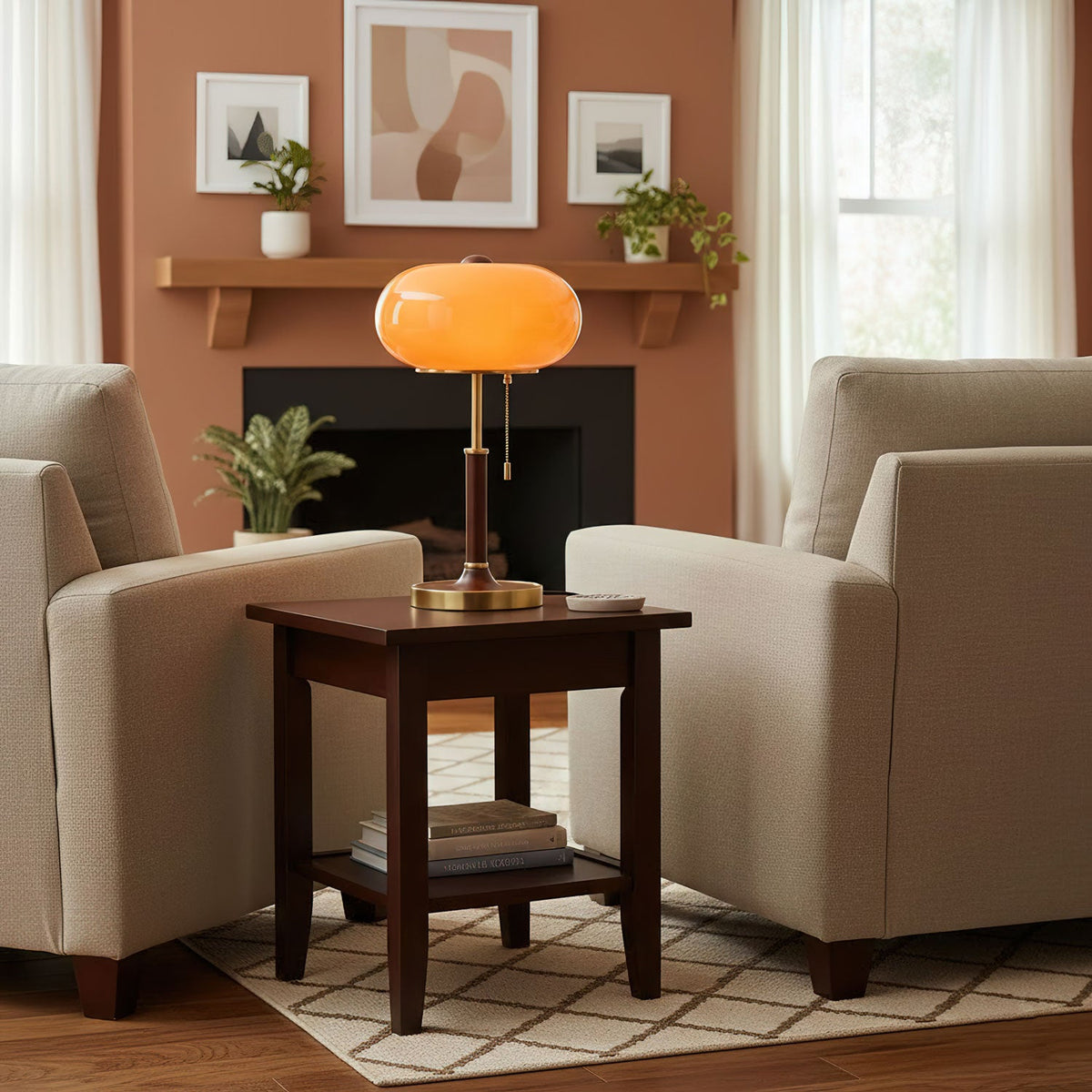 Liora Lantern Table Lamp – Walnut Wood & Amber Glass LED
