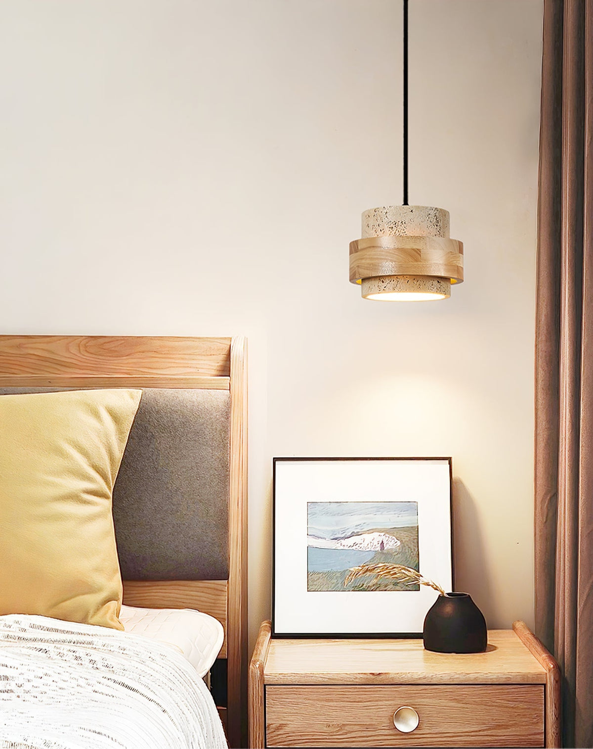 Liora Travertine Pendant Light – Natural Stone & Wood Designer Hanging Lamp