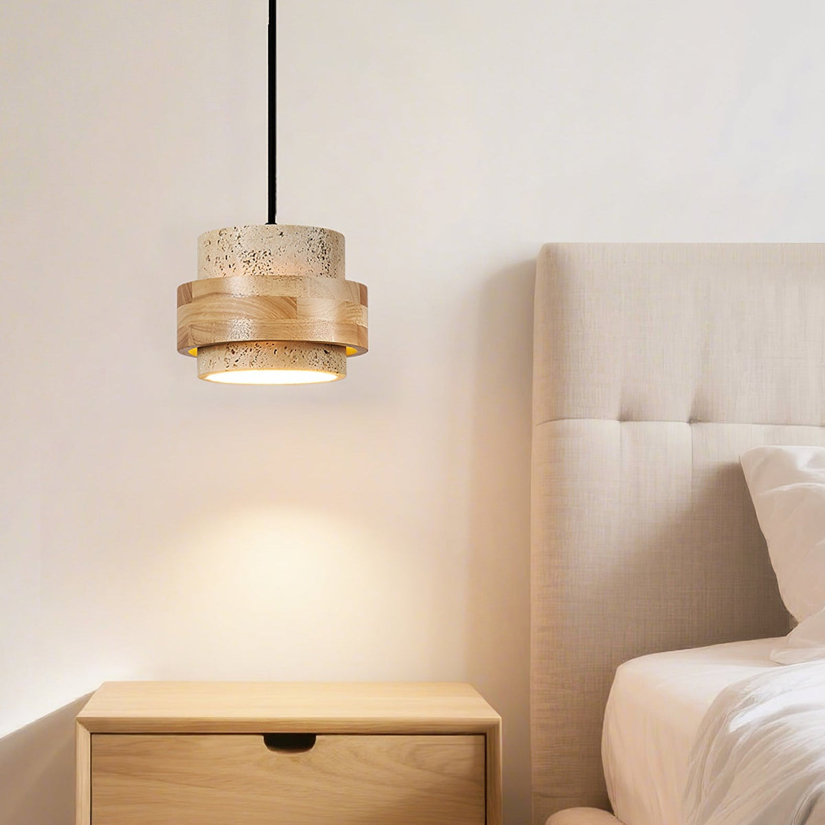 Liora Travertine Pendant Light – Natural Stone & Wood Designer Hanging Lamp