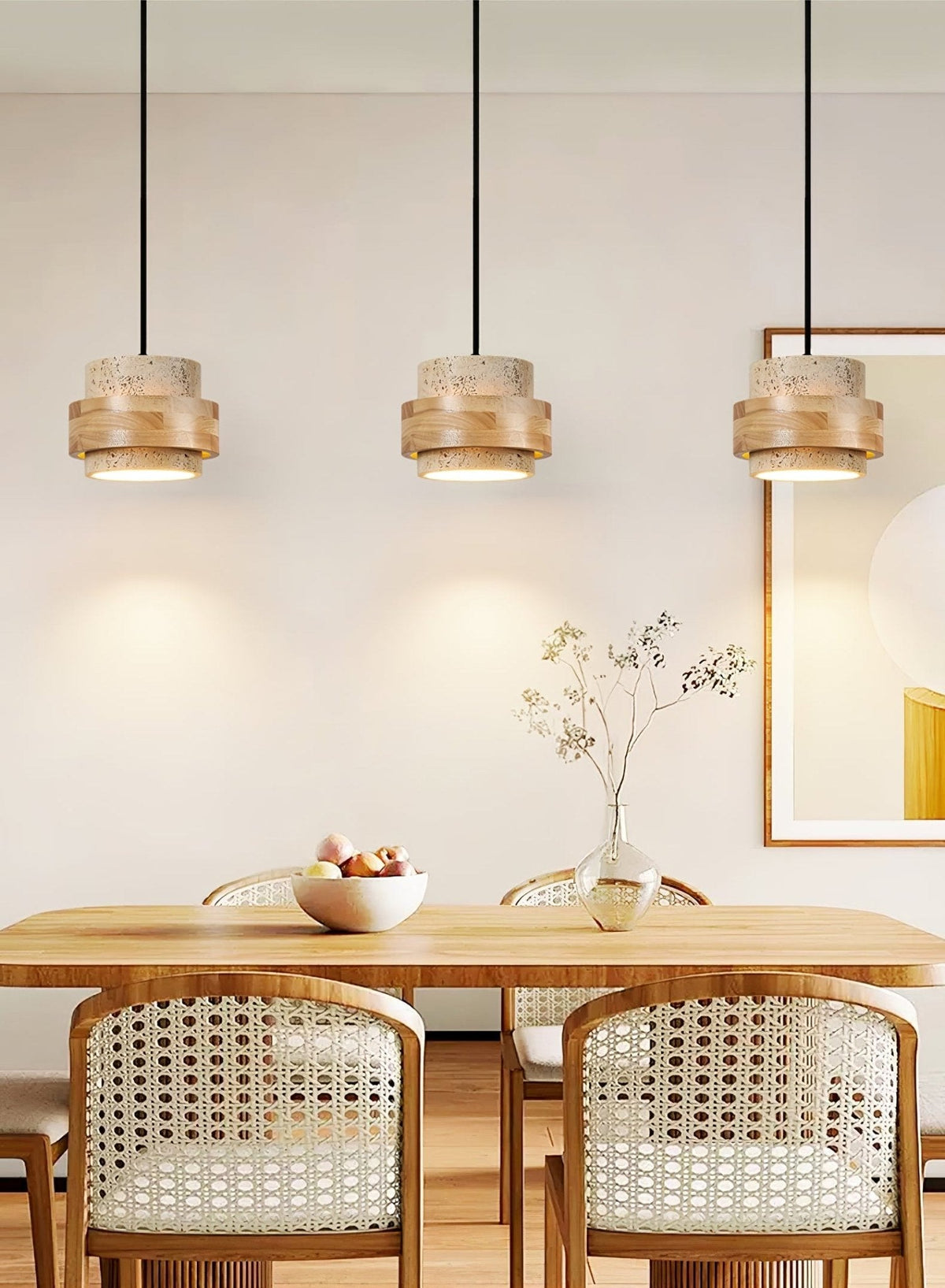 Liora Travertine Pendant Light – Natural Stone & Wood Designer Hanging Lamp