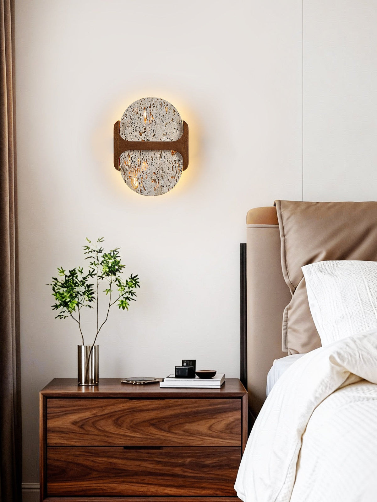 Liora Travertine Wall Sconce with Walnut Accent – Modern Organic LED Wall Light