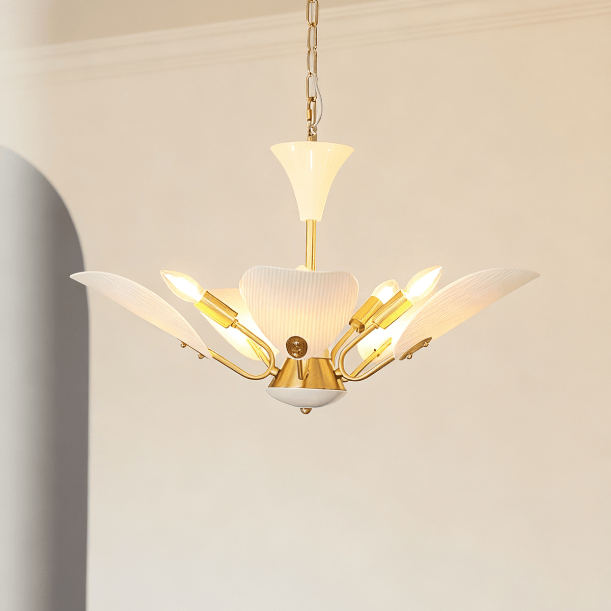 Liora Blossom Modern Floral Chandelier in Gold Brass and White Glass