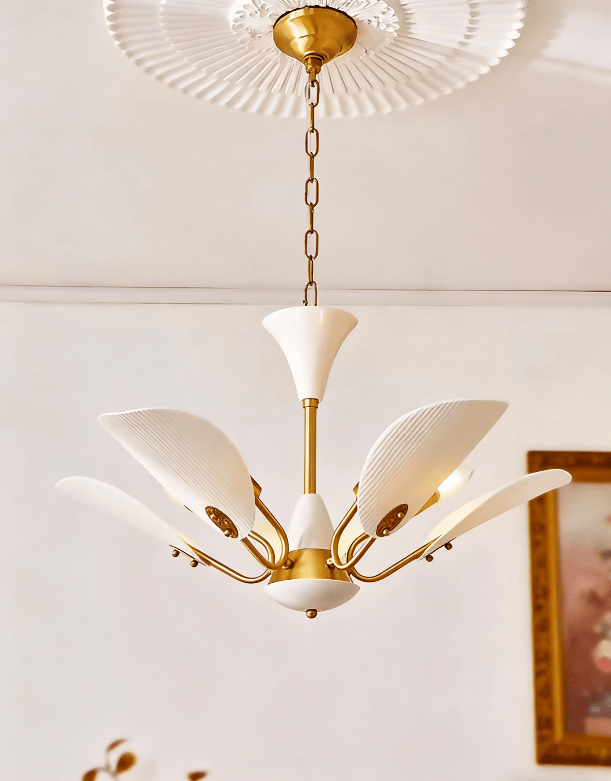 Liora Blossom Modern Floral Chandelier in Gold Brass and White Glass