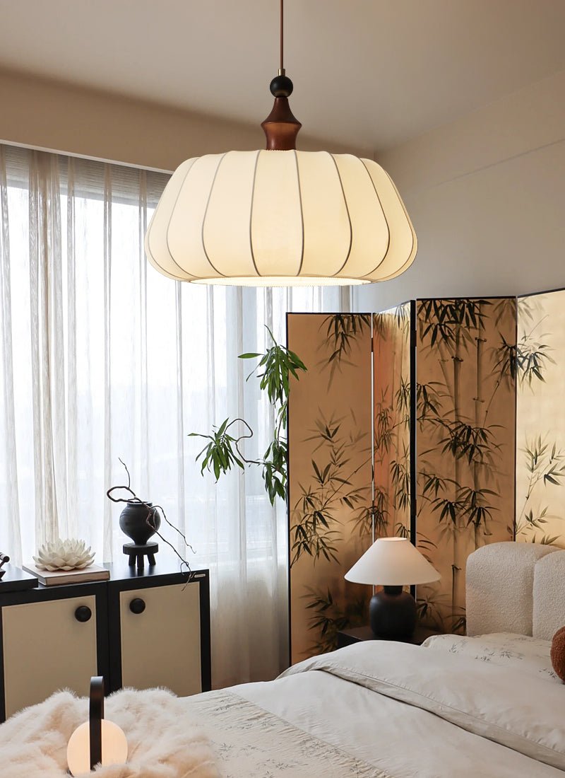 Lirenne Pleat Fabric Pendant Light with Walnut Wood Accent