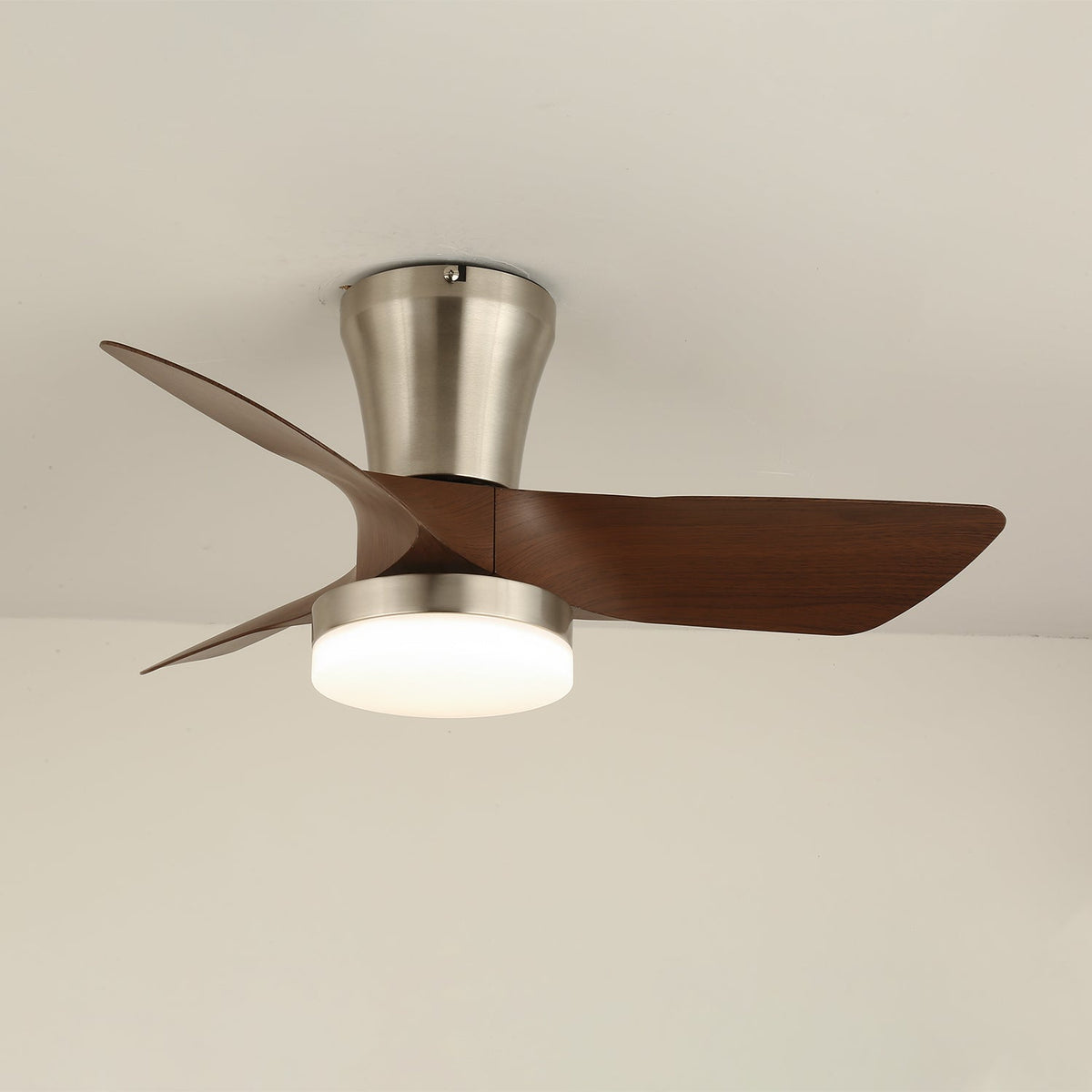 Lirien Flush Mount Ceiling Fan with LED Light in Walnut and Nickel