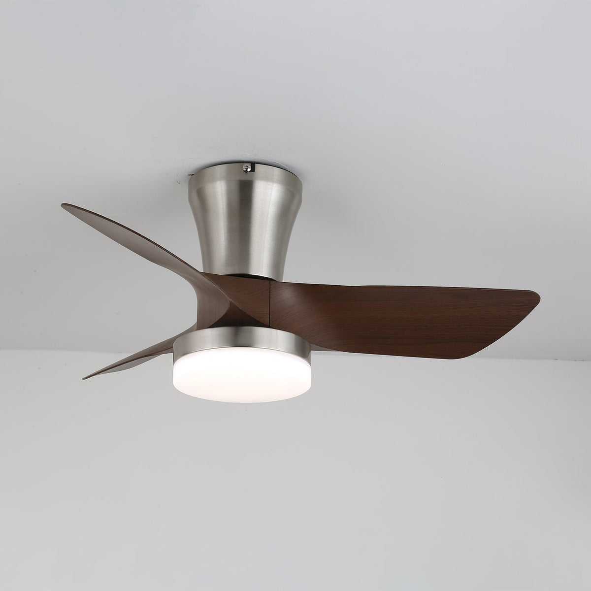 Lirien Flush Mount Ceiling Fan with LED Light in Walnut and Nickel