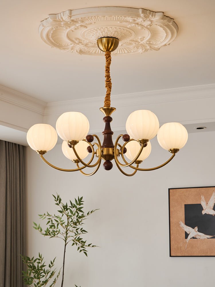 Livia Six-Light Modern Globe Chandelier in Walnut and Gold