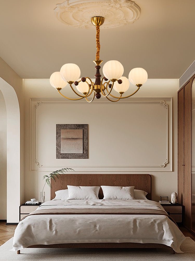 Livia Six-Light Modern Globe Chandelier in Walnut and Gold