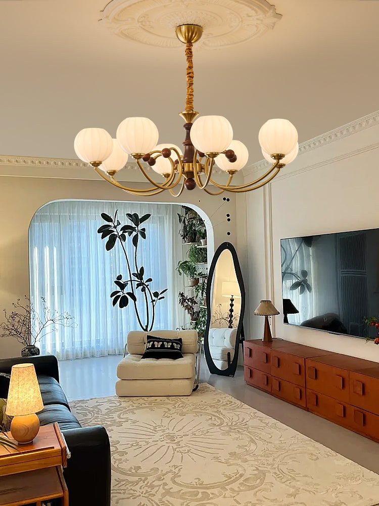 Livia Six-Light Modern Globe Chandelier in Walnut and Gold