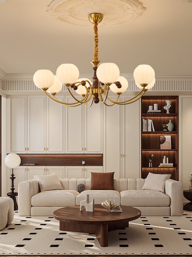 Livia Six-Light Modern Globe Chandelier in Walnut and Gold