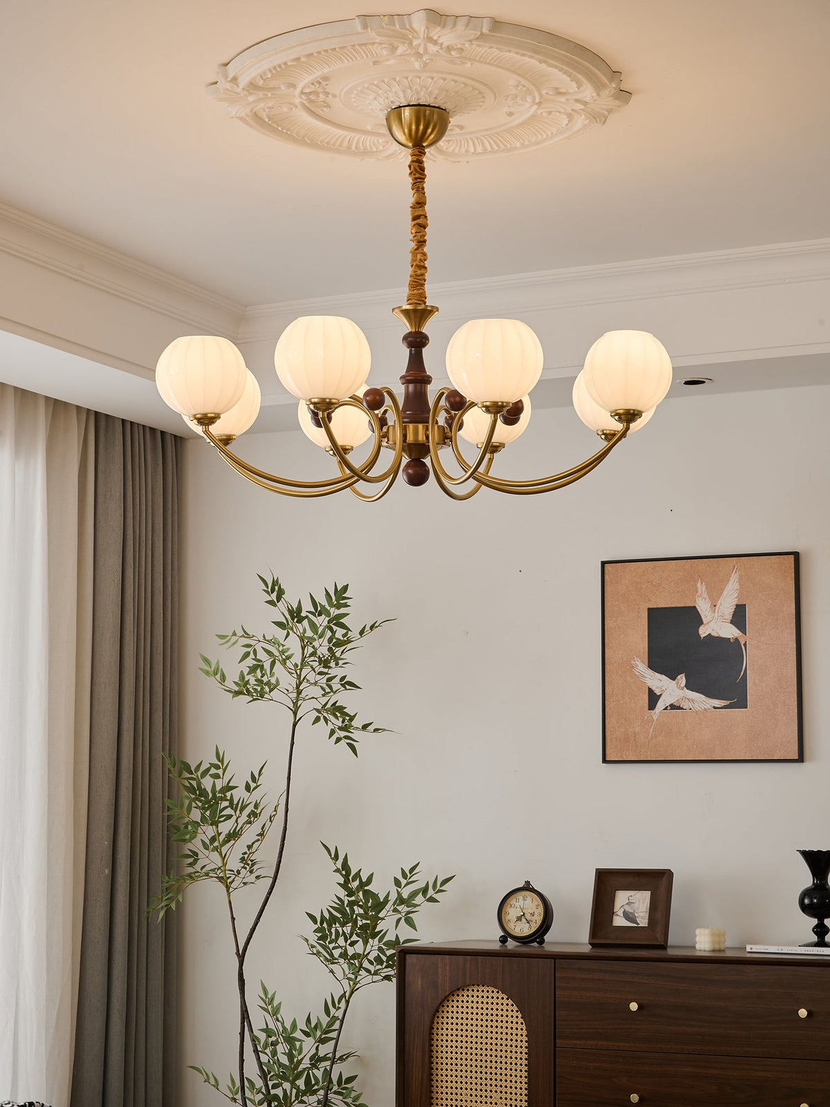 Livia Six-Light Modern Globe Chandelier in Walnut and Gold