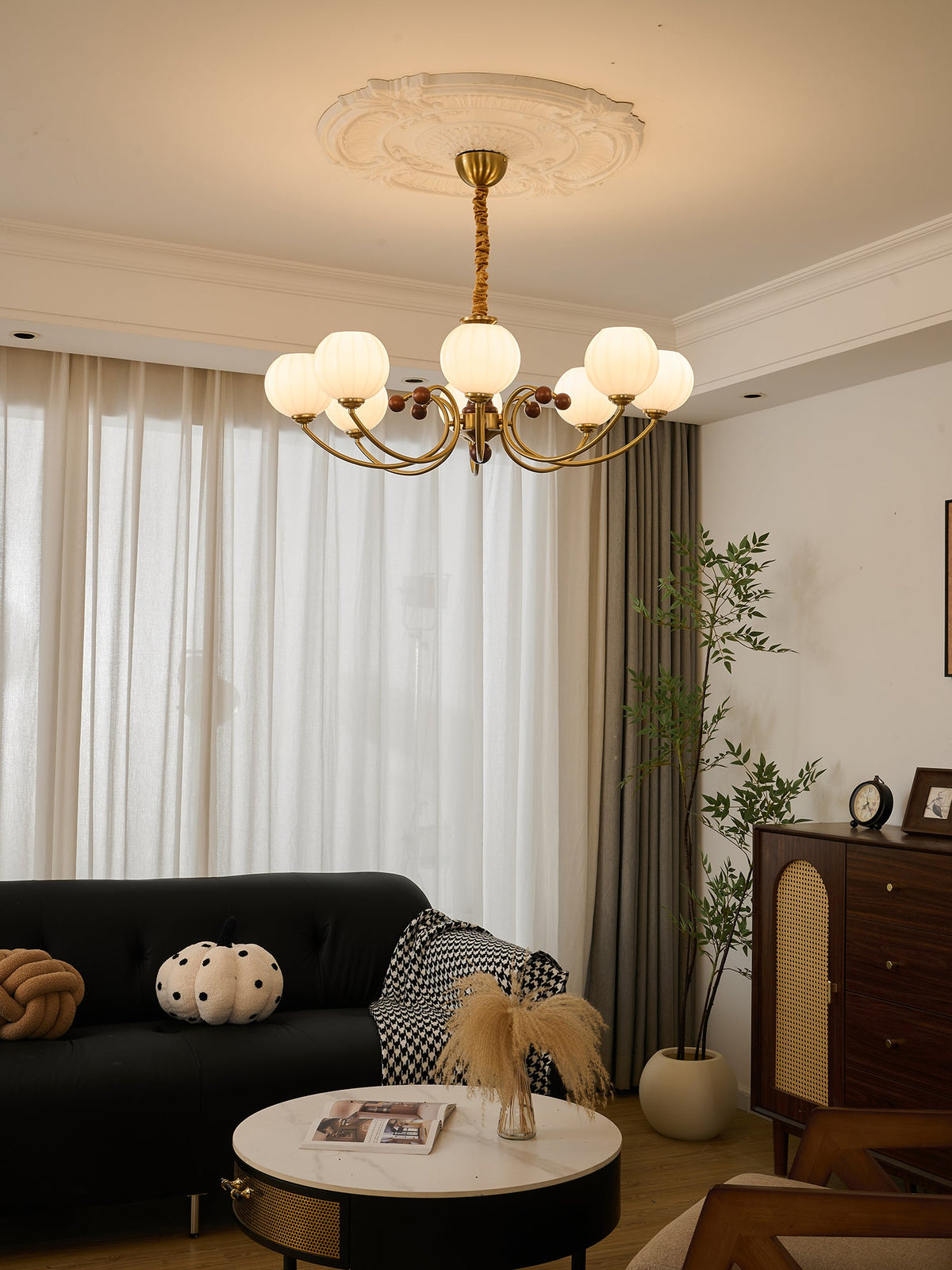 Livia Six-Light Modern Globe Chandelier in Walnut and Gold