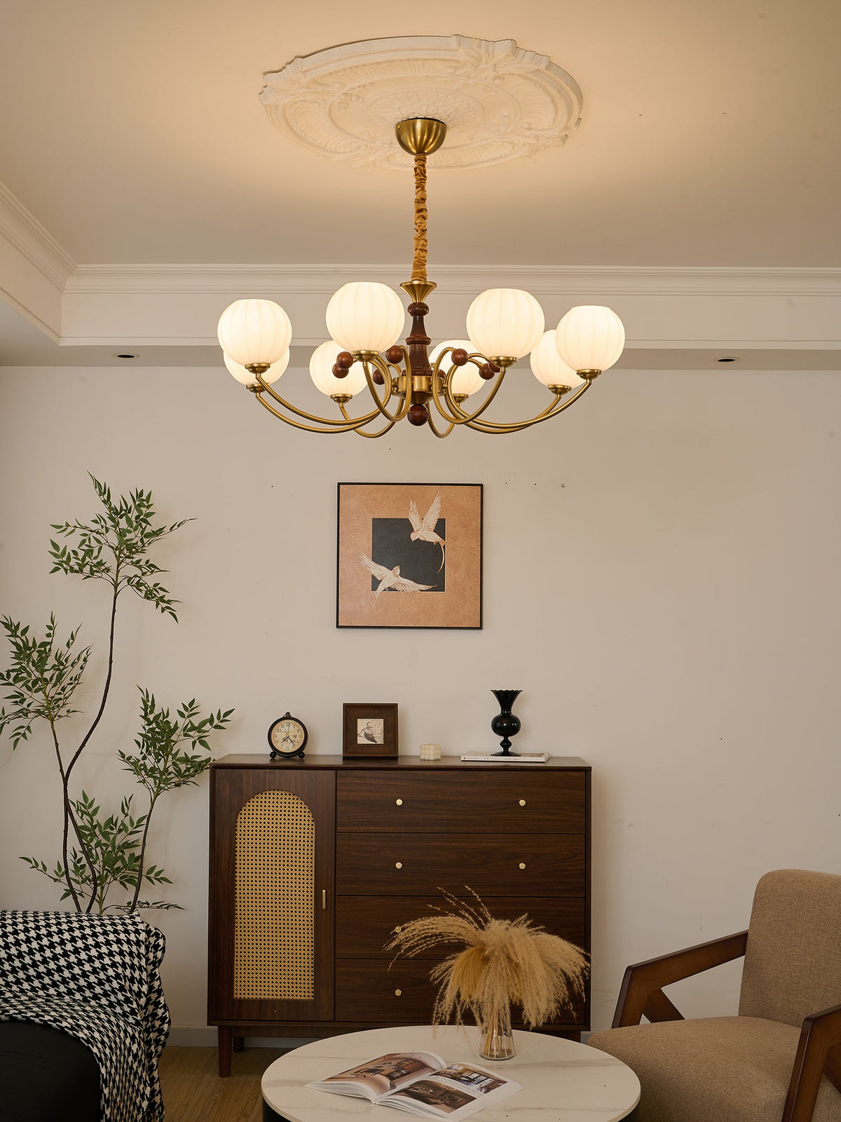 Livia Six-Light Modern Globe Chandelier in Walnut and Gold