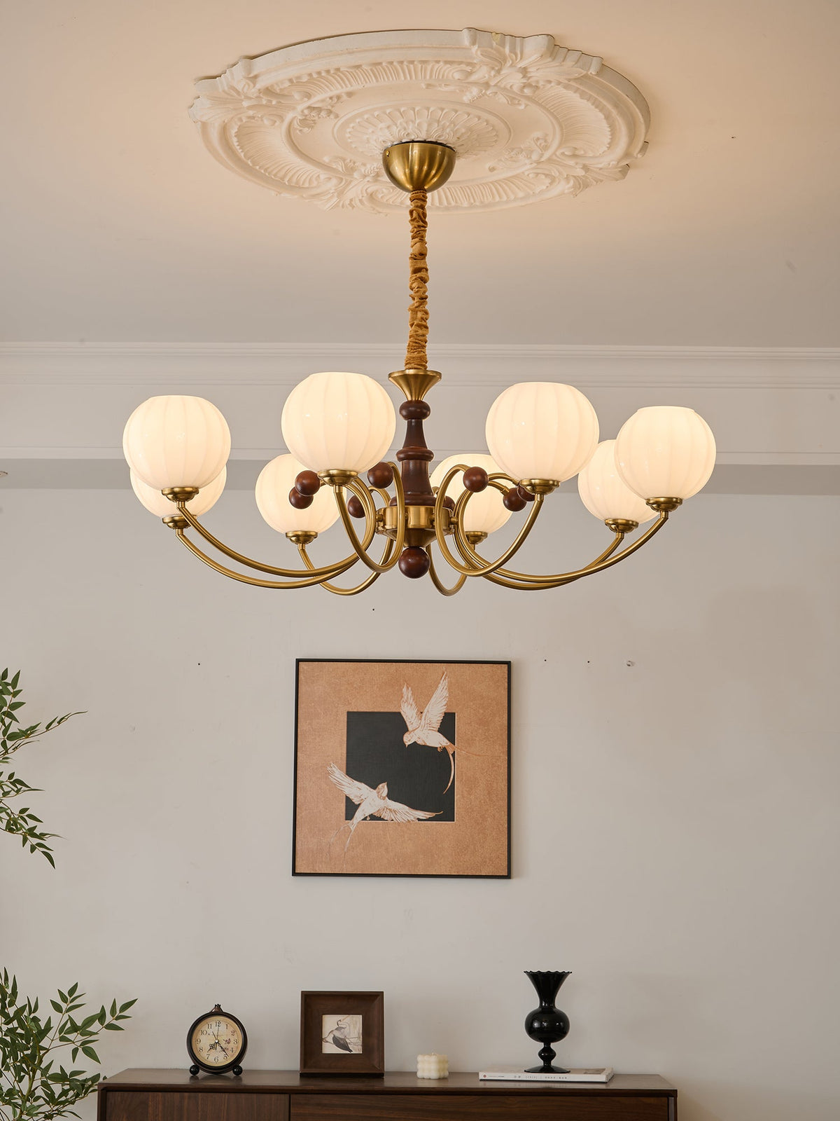 Livia Six-Light Modern Globe Chandelier in Walnut and Gold