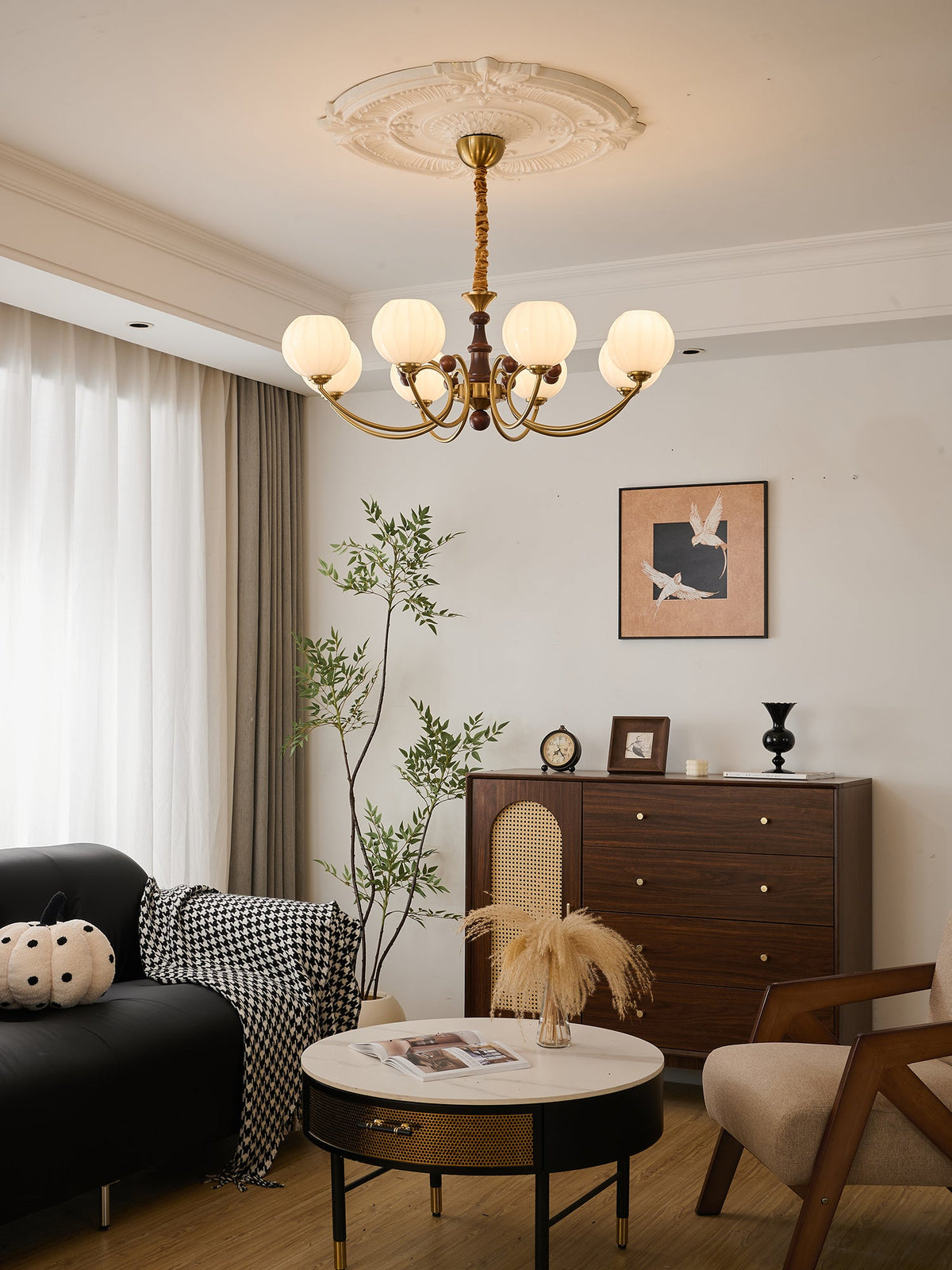 Livia Six-Light Modern Globe Chandelier in Walnut and Gold